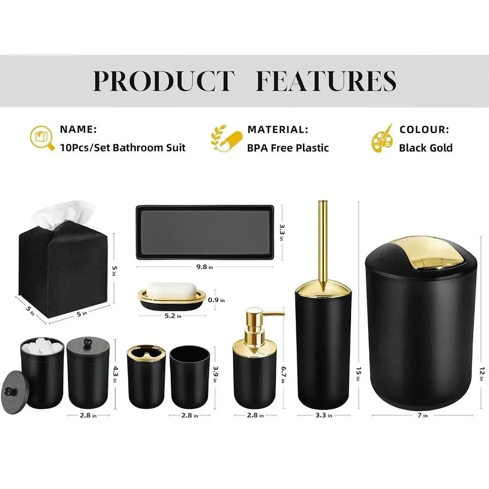 10 Pc Matte Black Bathroom Accessories Set Soap Dispenser Trash Can Tissue Box